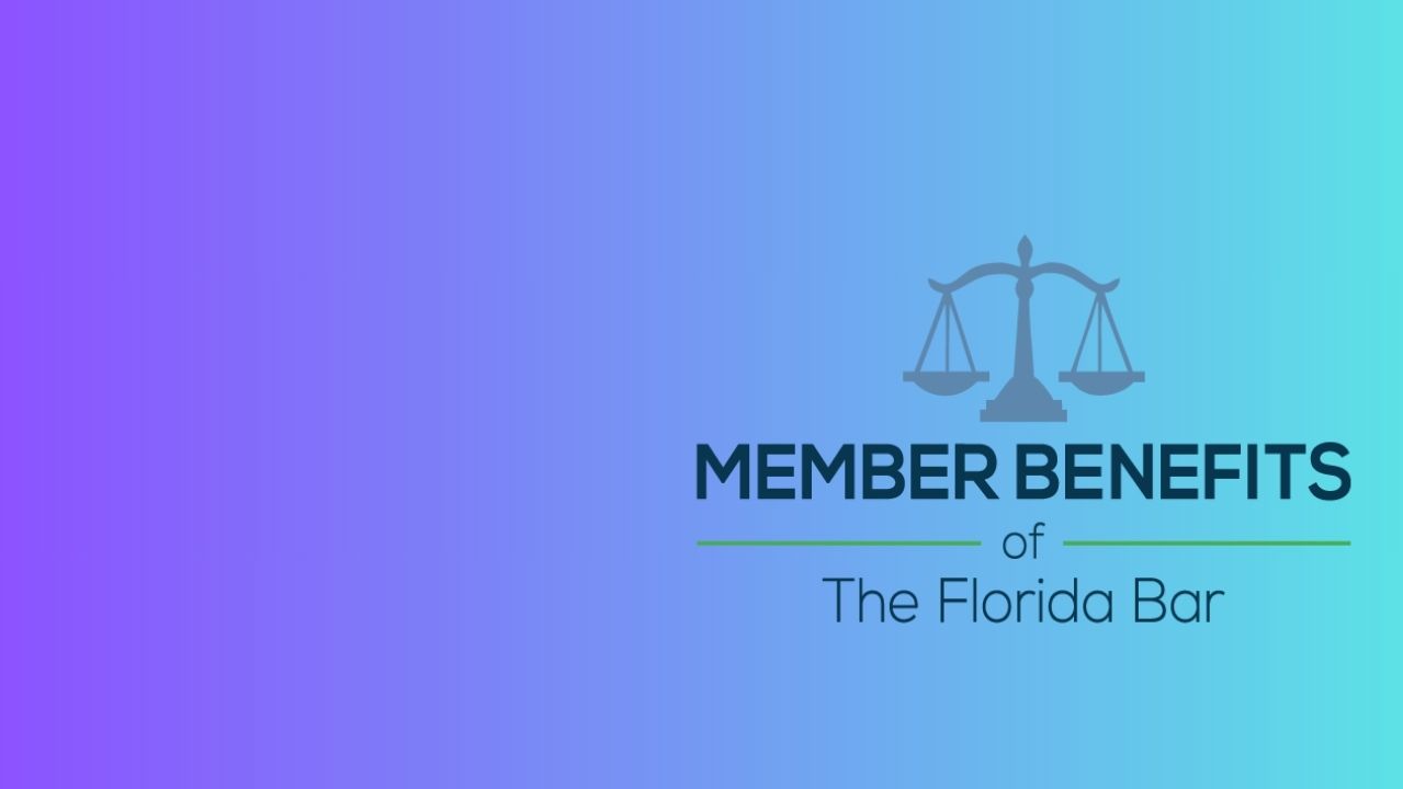 The official logo for Member Benefits of The Florida Bar appears atop a blue-teal gradient background